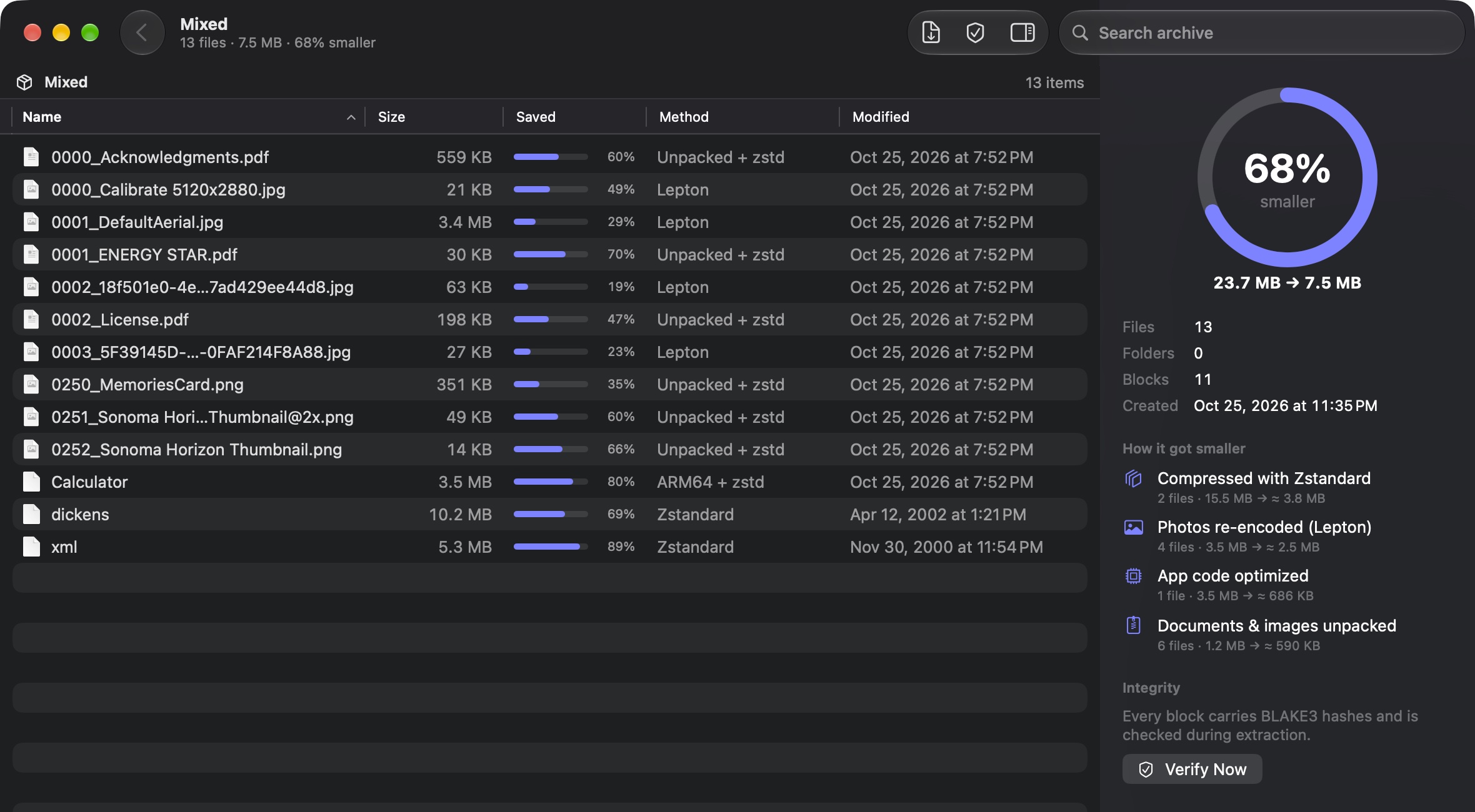 A Zipling archive window: 13 files, 23.7 MB packed to 7.5 MB (68% smaller), with each file's savings and method (Lepton for JPEGs, Unpacked + zstd for PDFs and PNGs, ARM64 + zstd for an app) and an inspector explaining how the archive got smaller.